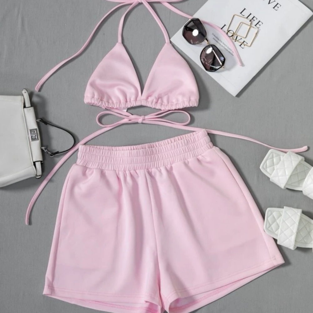 Tie Backless Crop Halter Top With Shorts Pink Size M